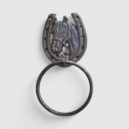Equestrian Cast Iron Horse Head Towel Ring, Rustic Bath & Kitchen Accent