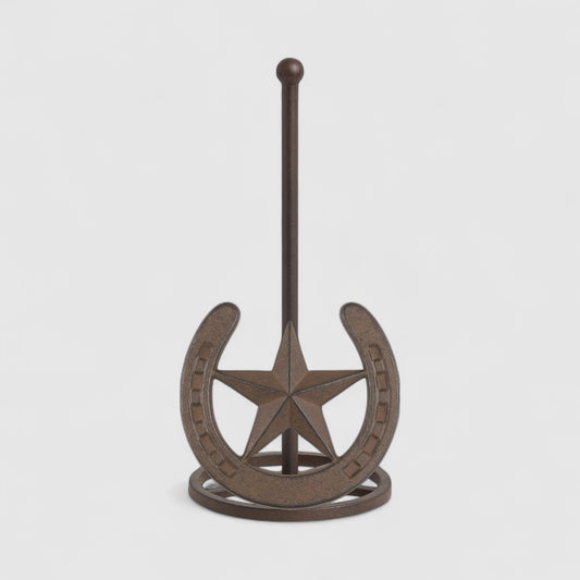 Rustic Cast Iron Star and Horseshoe Paper Towel Holder - Western Farmhouse Kitchen Decor, Cabin Ranch Accent