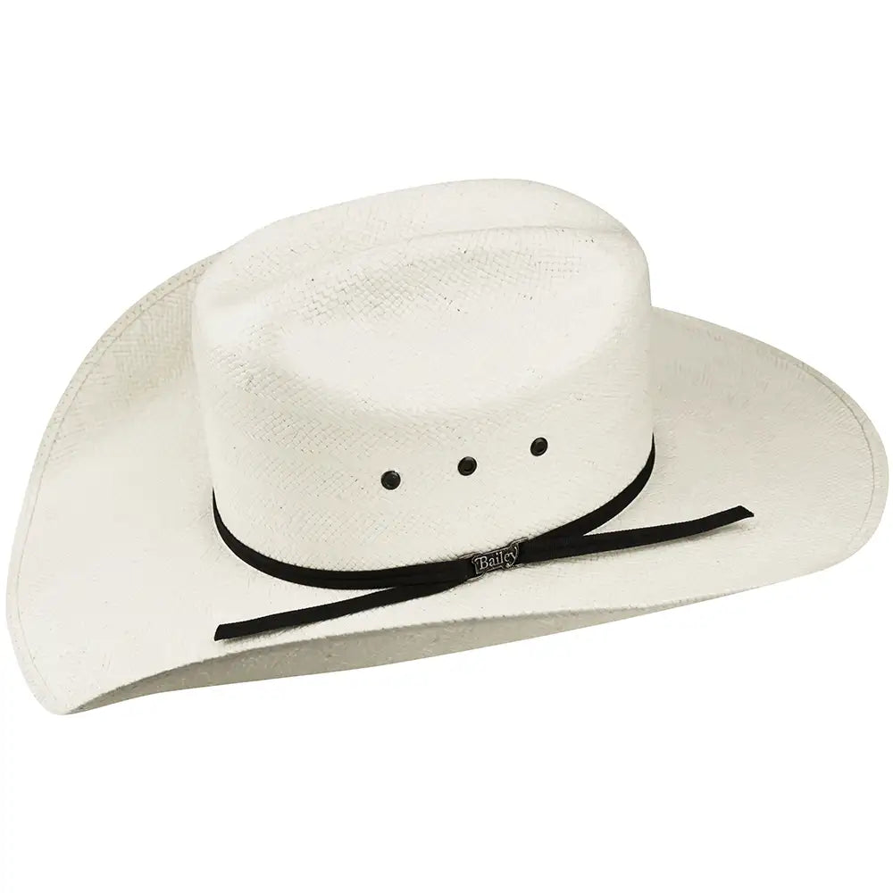 White cowboy hat with a black band on a white background