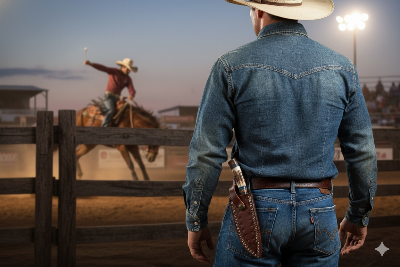 Cowboy in a blue denim shirt and hat standing in a rodeo arena with another cowboy on a horse in the background.