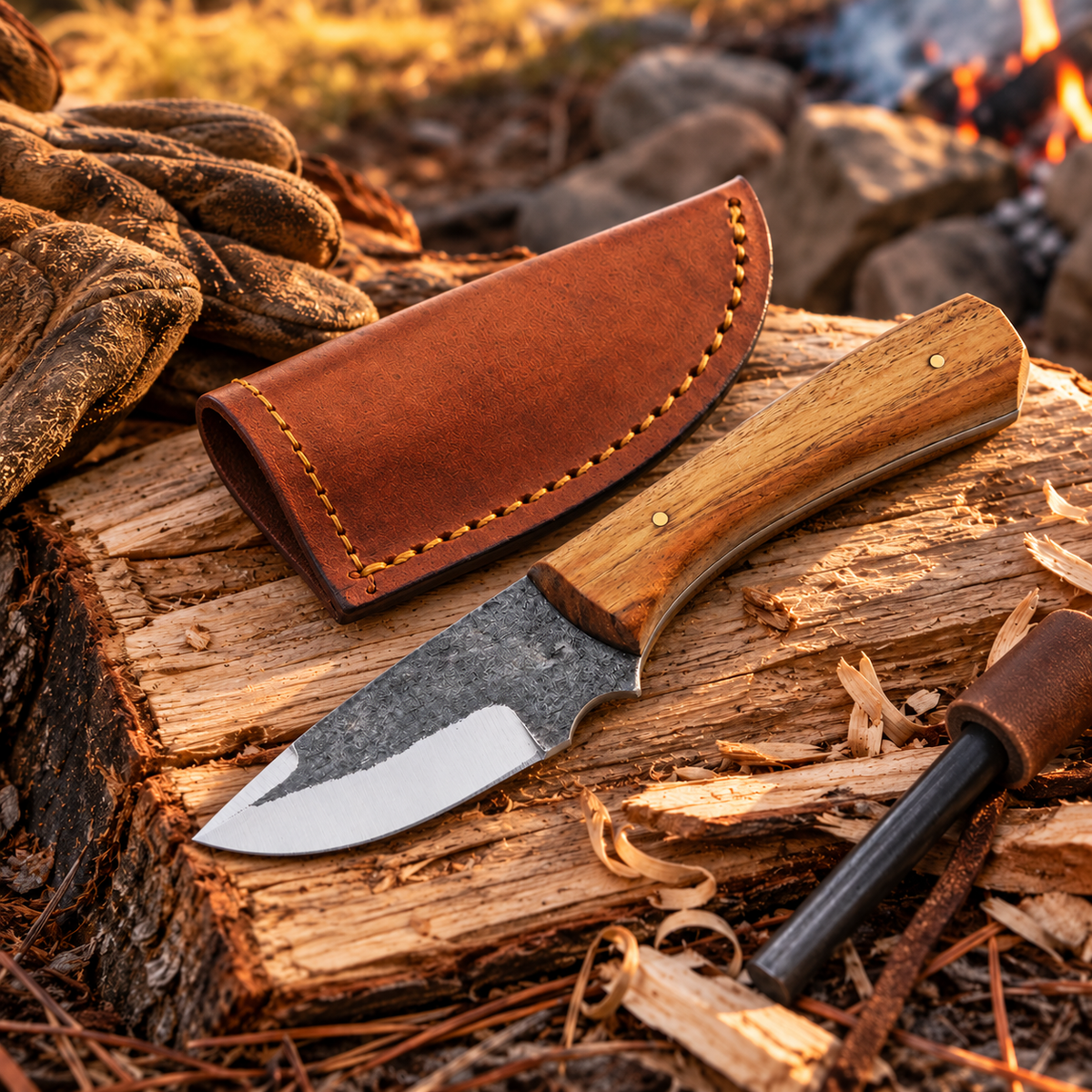 Pitchwood Skinner Fixed Blade Knife – Forged 1045 Carbon Steel, Leather Sheath