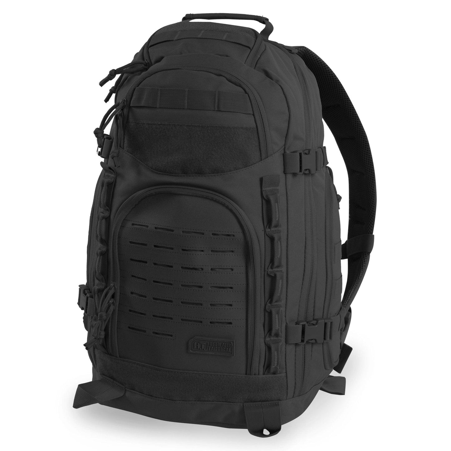 Black tactical backpack on a white background
