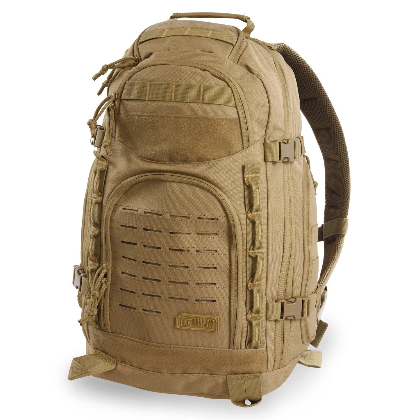 Tan tactical backpack on a white background