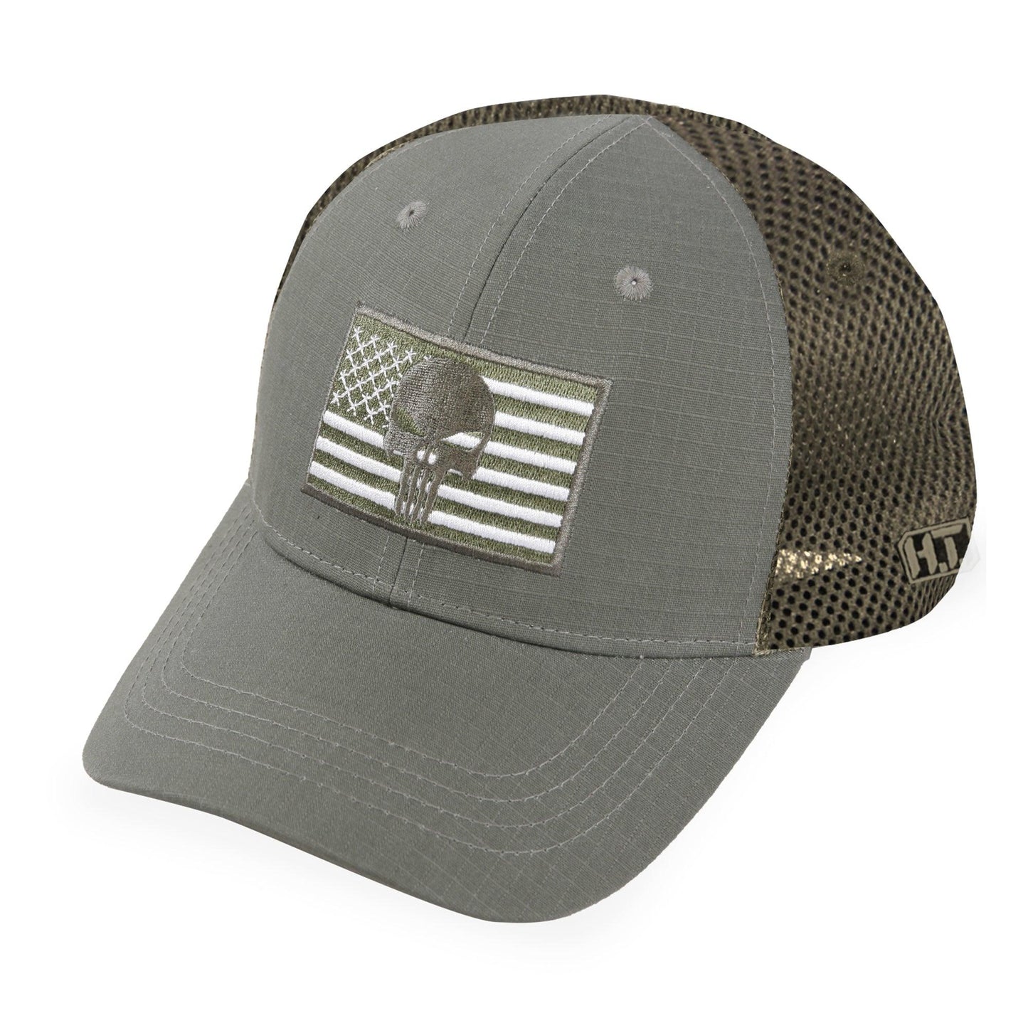 Gray cap with American flag patch on a white background