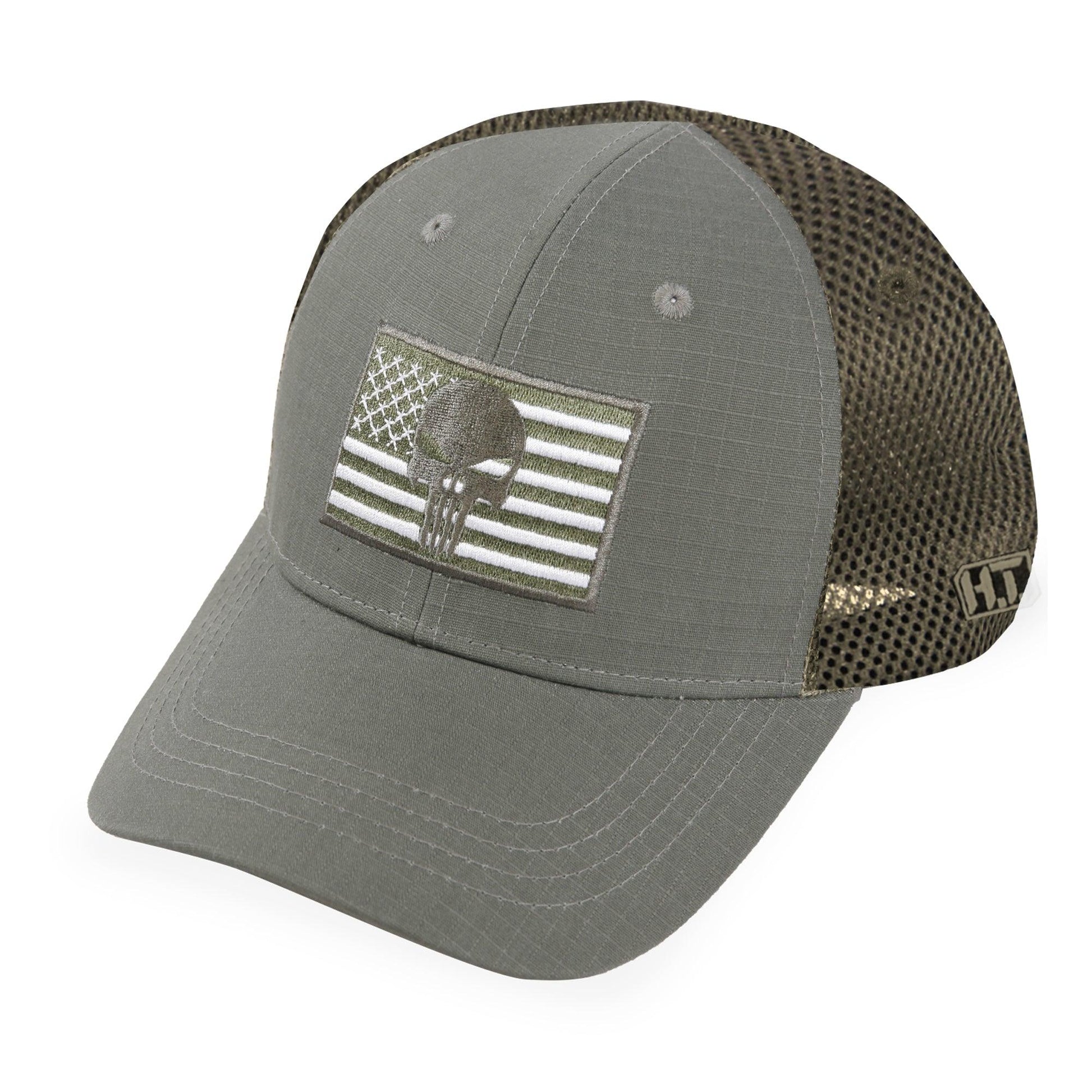 Gray cap with American flag patch on a white background