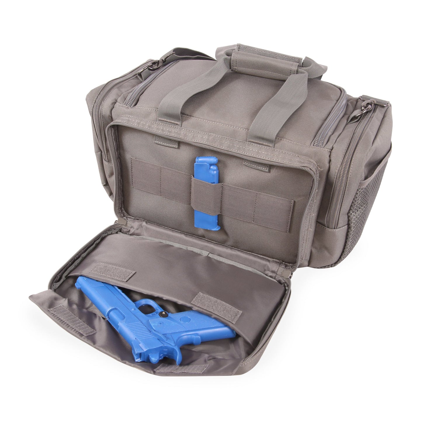 Gray tactical bag with a blue gun inside on a white background