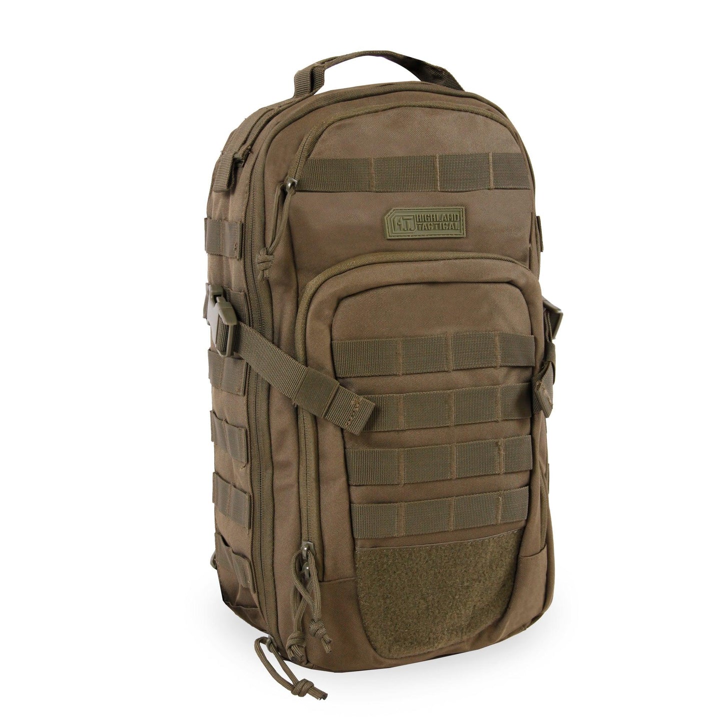 Brown tactical backpack on a white background