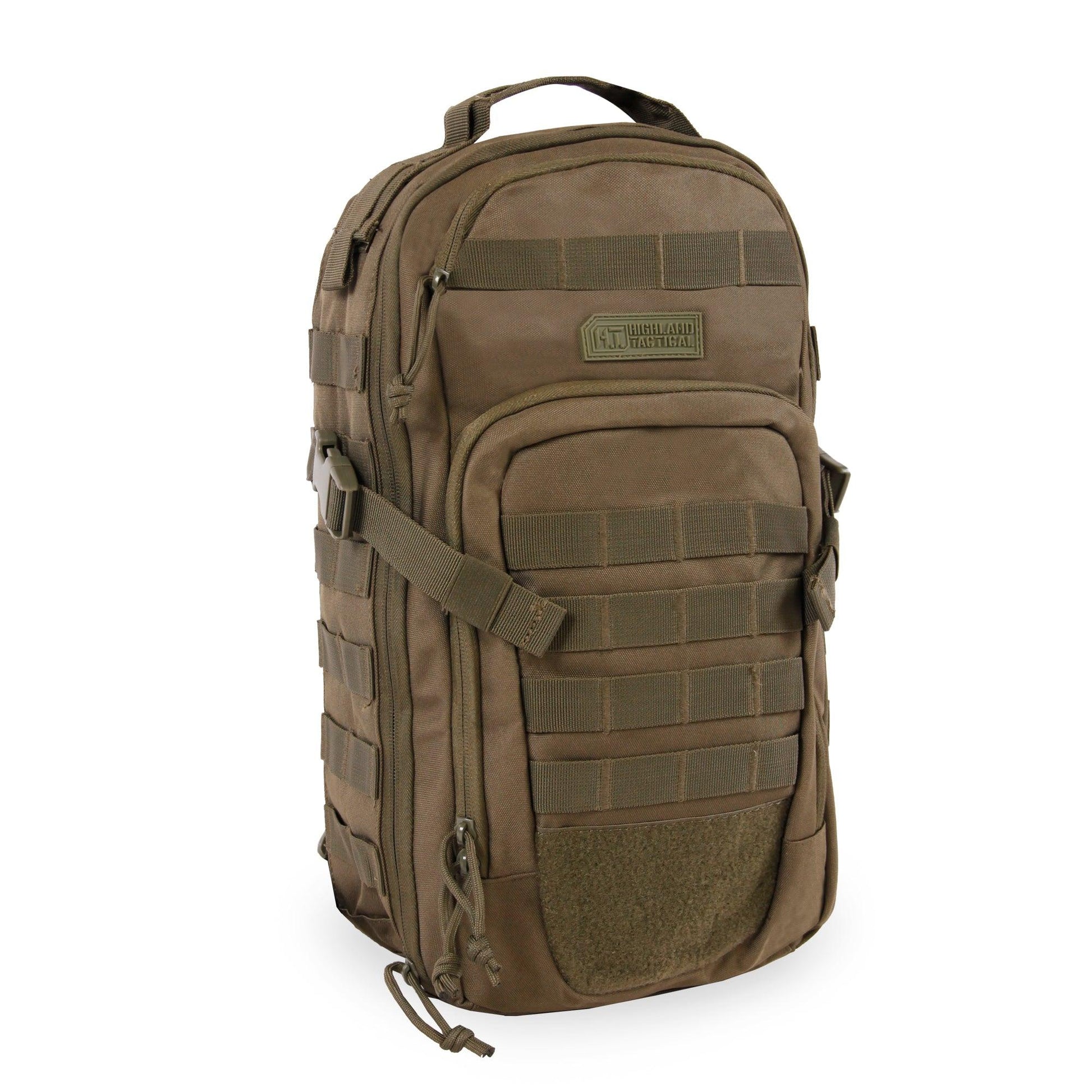 Brown tactical backpack on a white background