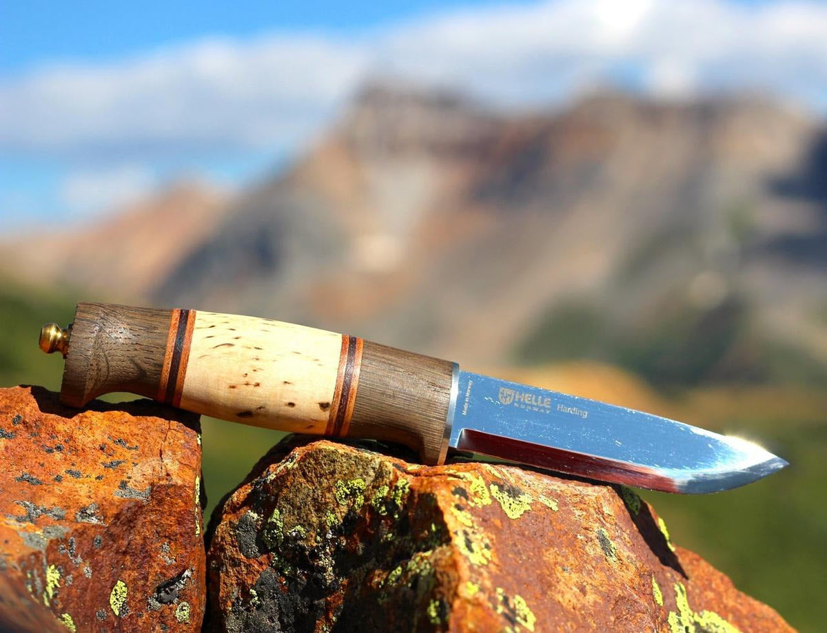 Helle Harding Hunting Knife – Triple Laminated Stainless, Curly Birch & Oak
