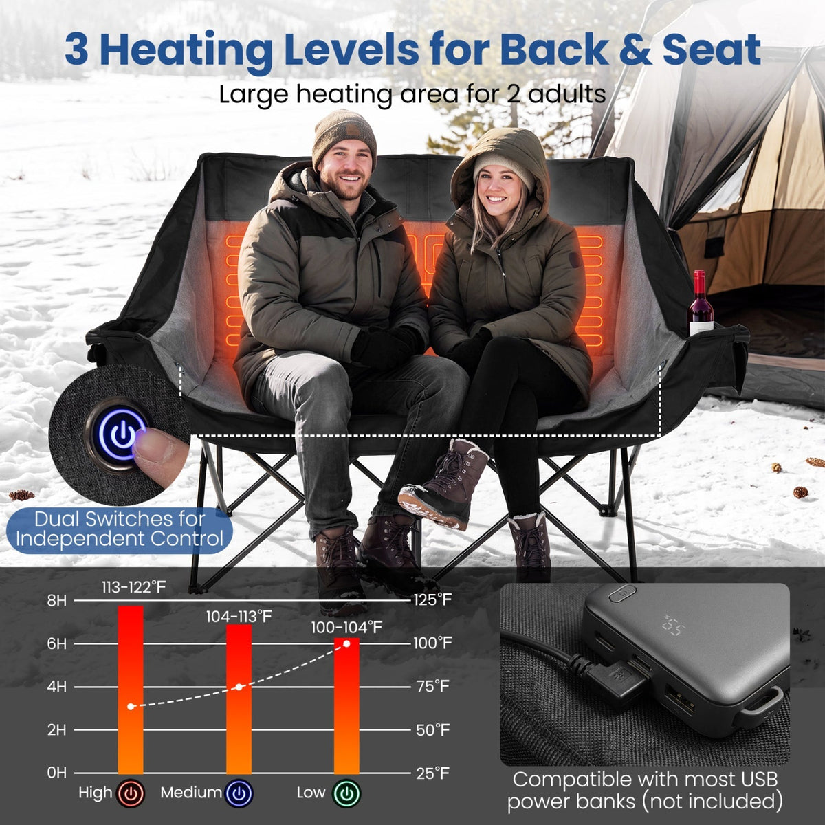 Heated Double Camping Chair – 2 Person with 4 Heating Zones