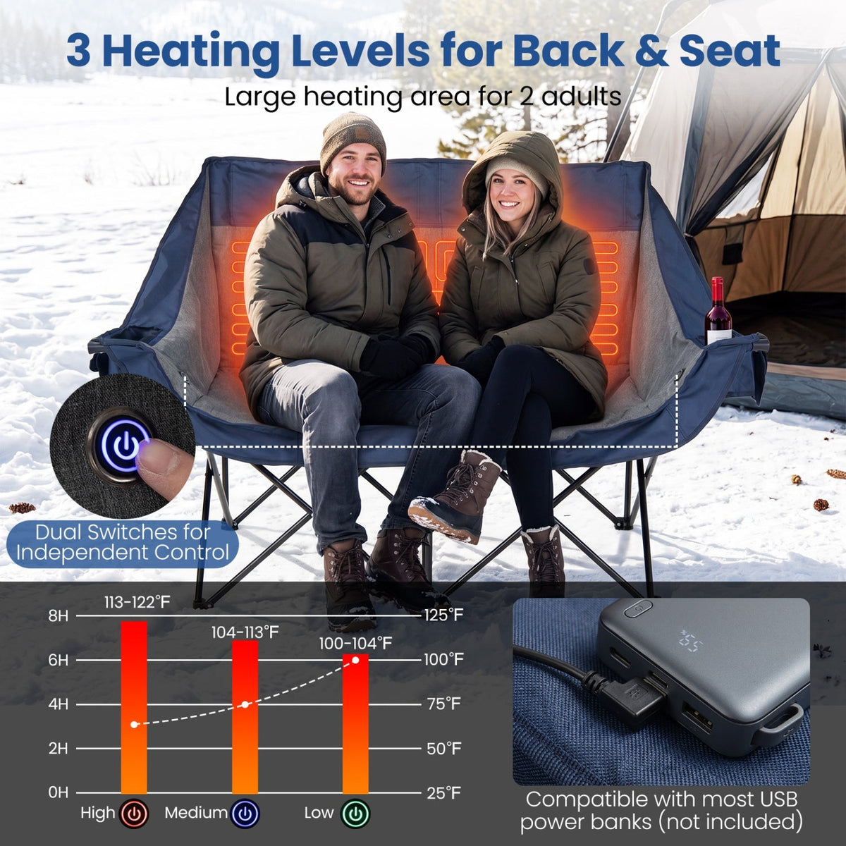 Heated Double Camping Chair – 2 Person with 4 Heating Zones