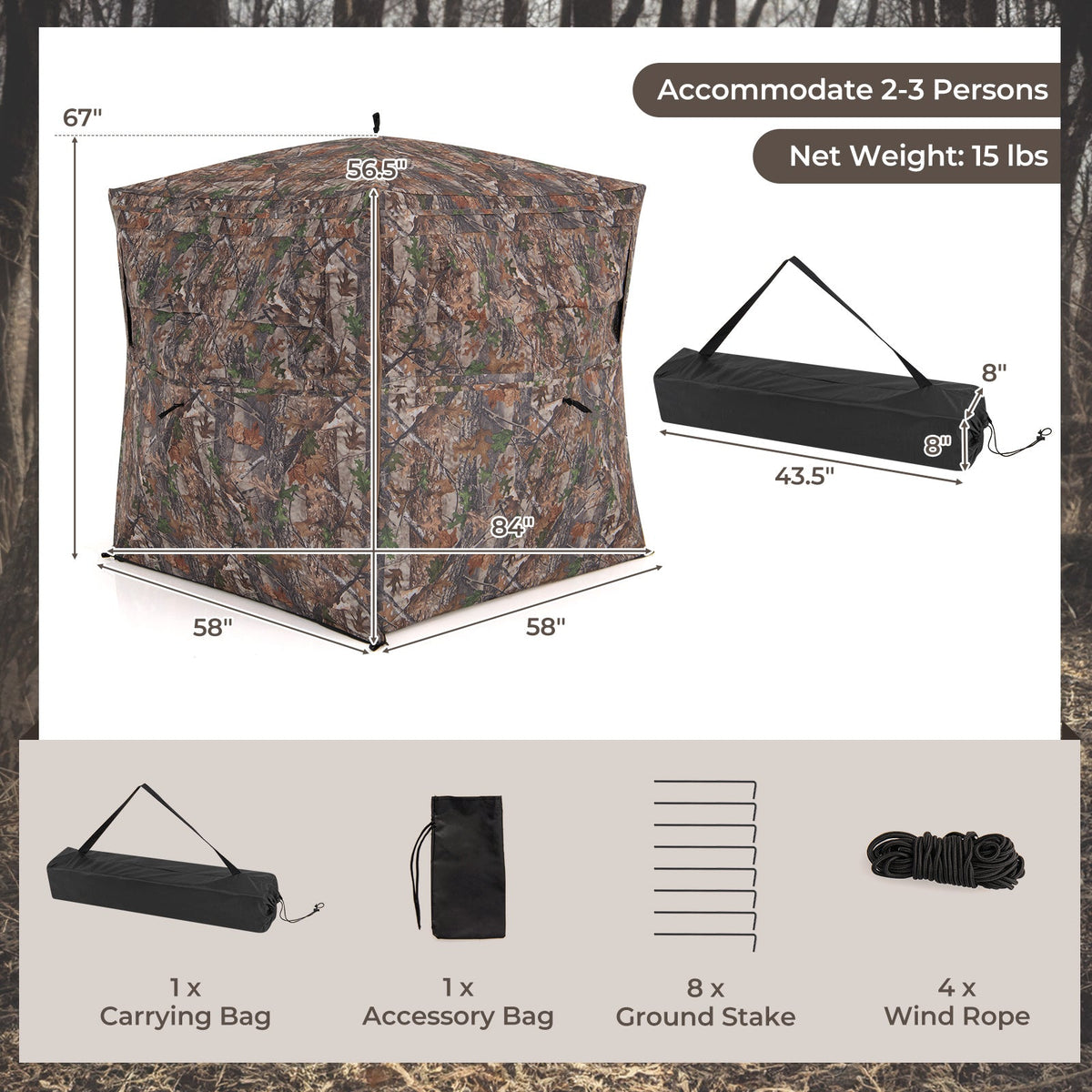 360° See-Through Hunting Blind – 2-3 Person with Full-Open Door