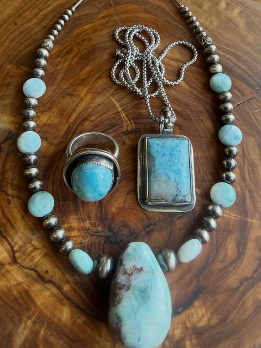 Larimar Necklace, Pendant & Ring Collection by Bootleg Silver Co, handmade in Arizona