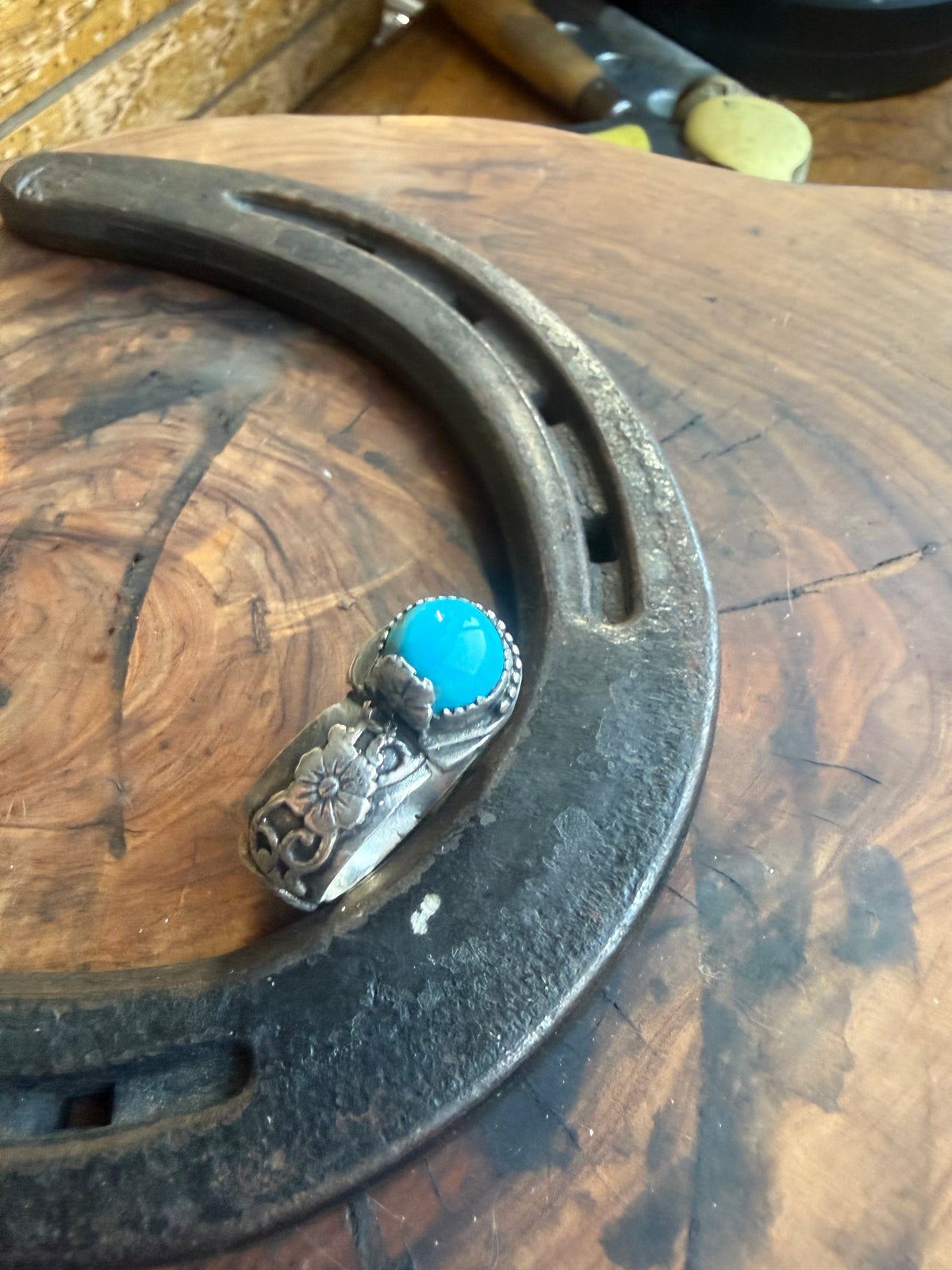 Sleeping Beauty Turquoise Floral Ring by Bootleg Silver Co, handmade in Arizona