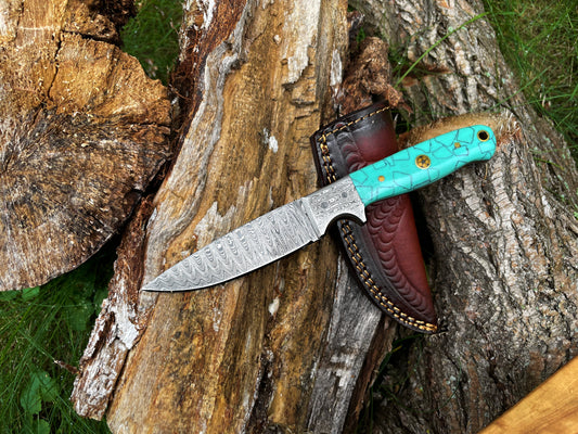 Custom Forged Damascus Steel Hunting Knife with Acrylic Scales TK-016