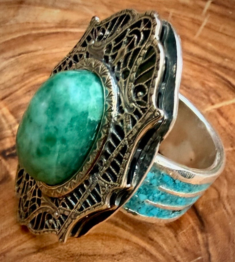 Burmese Jade & Sleeping Beauty Turquoise Filigree Ring by Bootleg Silver Co, handmade in Arizona