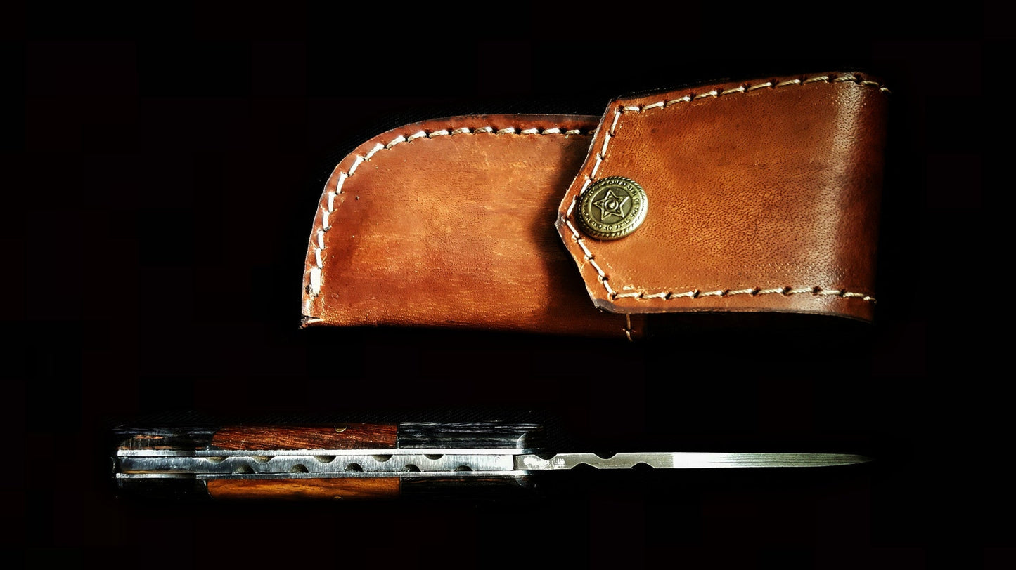 1095 Damascus Steel with Pekka & Walnut Wood Pocket Knife & Sheath TF-009