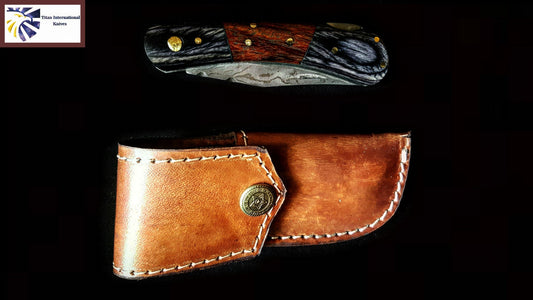 1095 Damascus Steel with Pekka & Walnut Wood Pocket Knife & Sheath TF-009