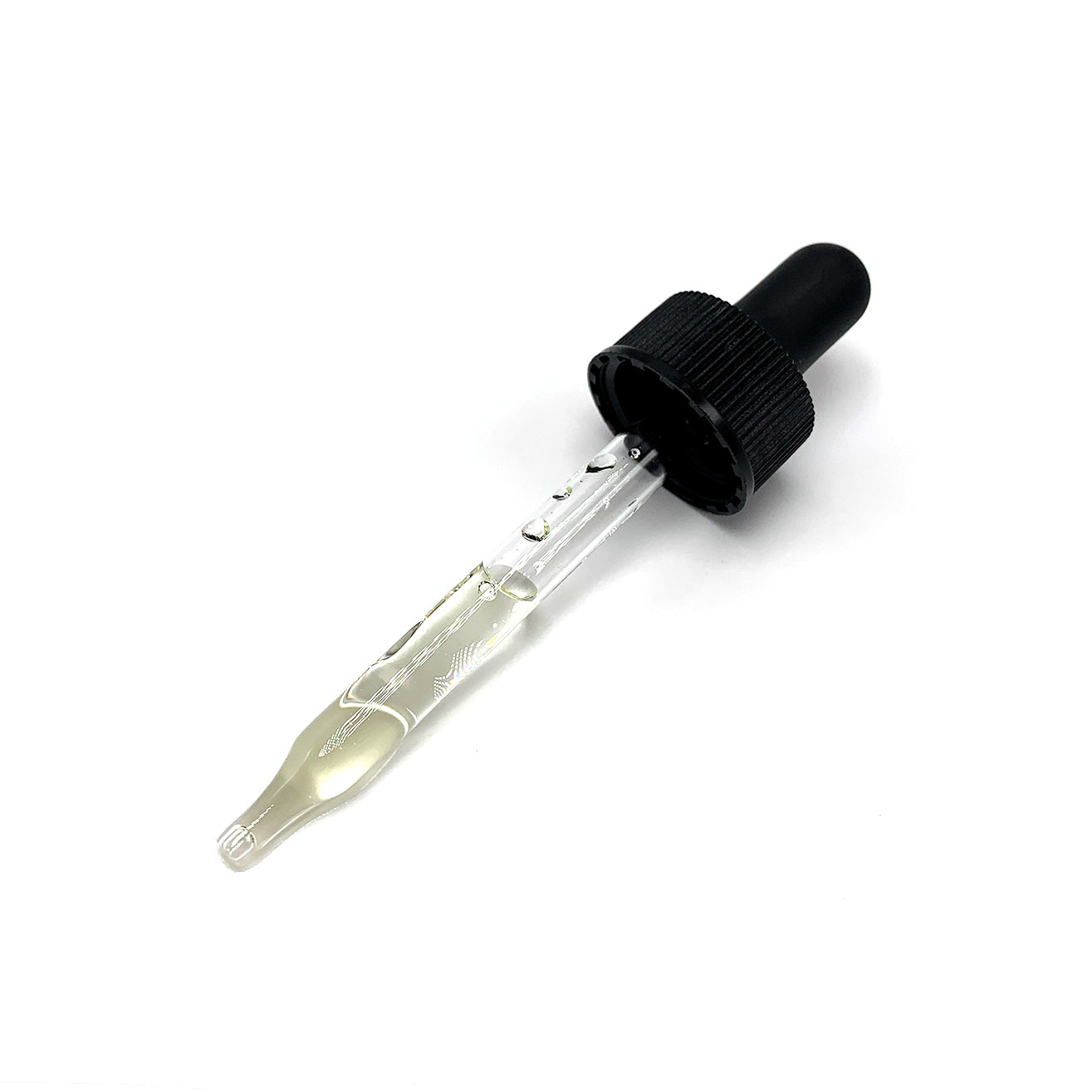Clear dropper bottle with black cap on a white background