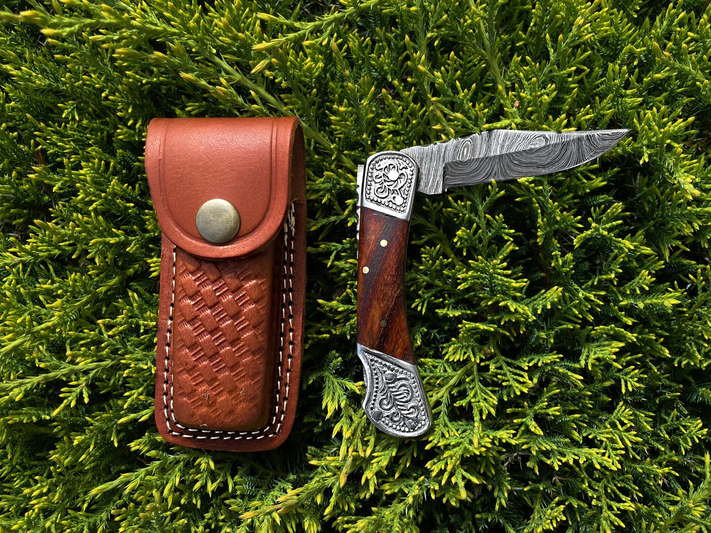 Walnut Damascus Steel 6.5" Pocket Knife Bolster Back TF-010