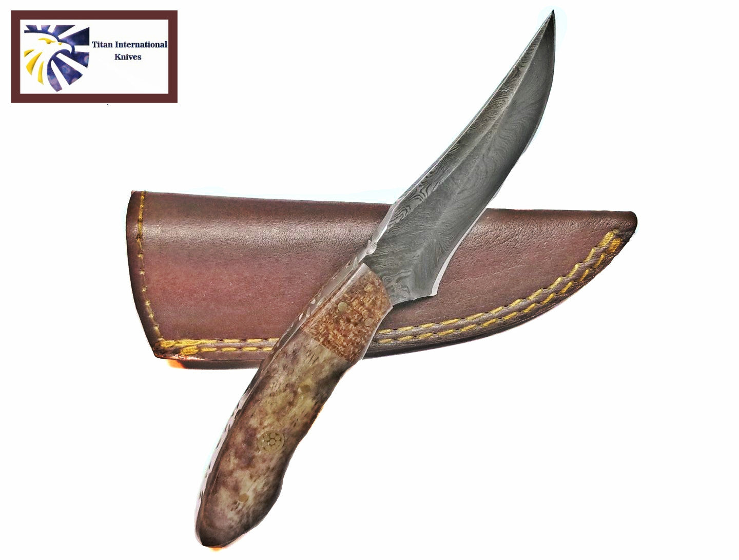 Knife with wooden handle and leather sheath on a white background, featuring Titan International logo.