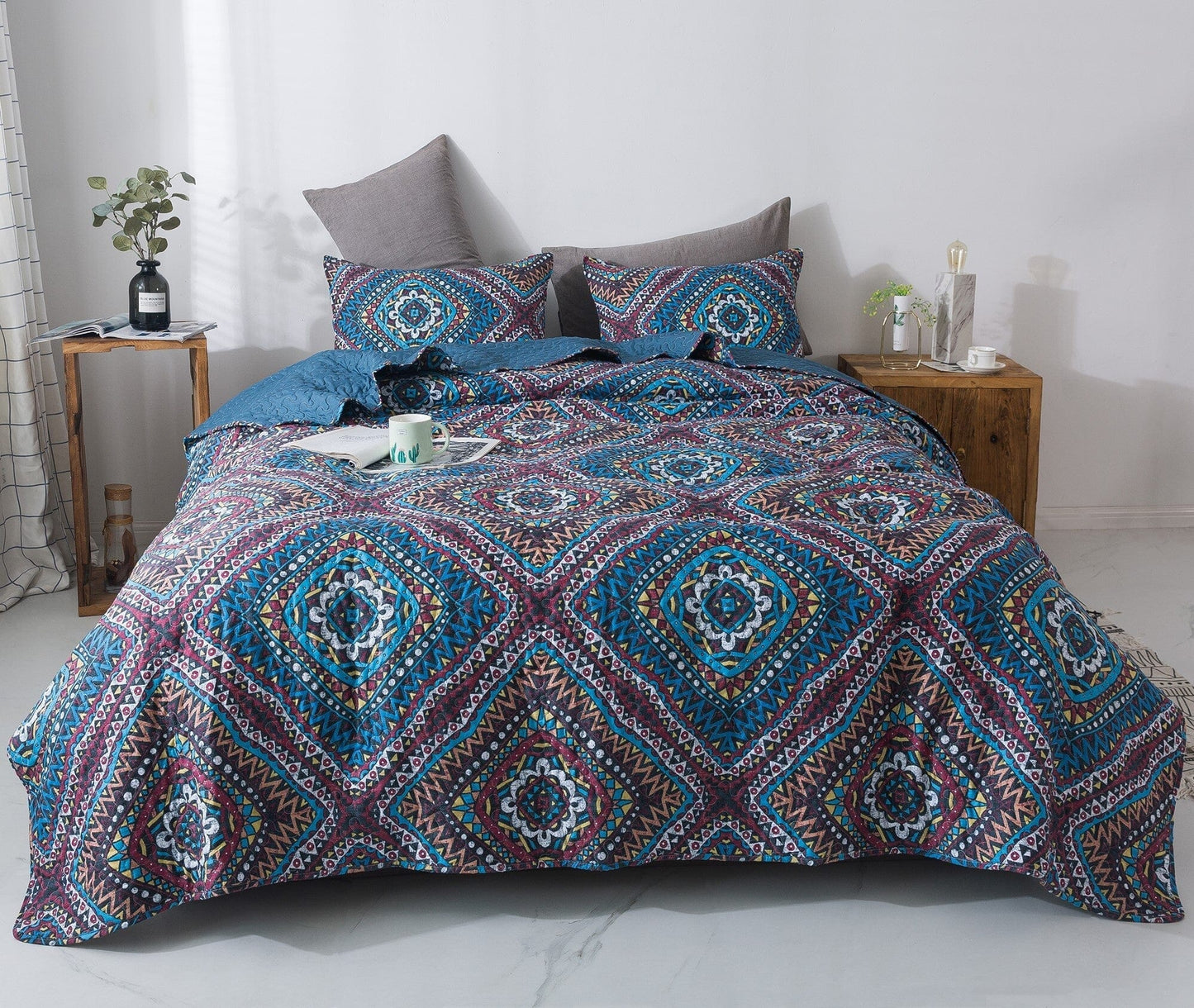 Farmhouse Bohemian Native Rustic Navy Blue Geometric Diamond Shapes Bedspread Set