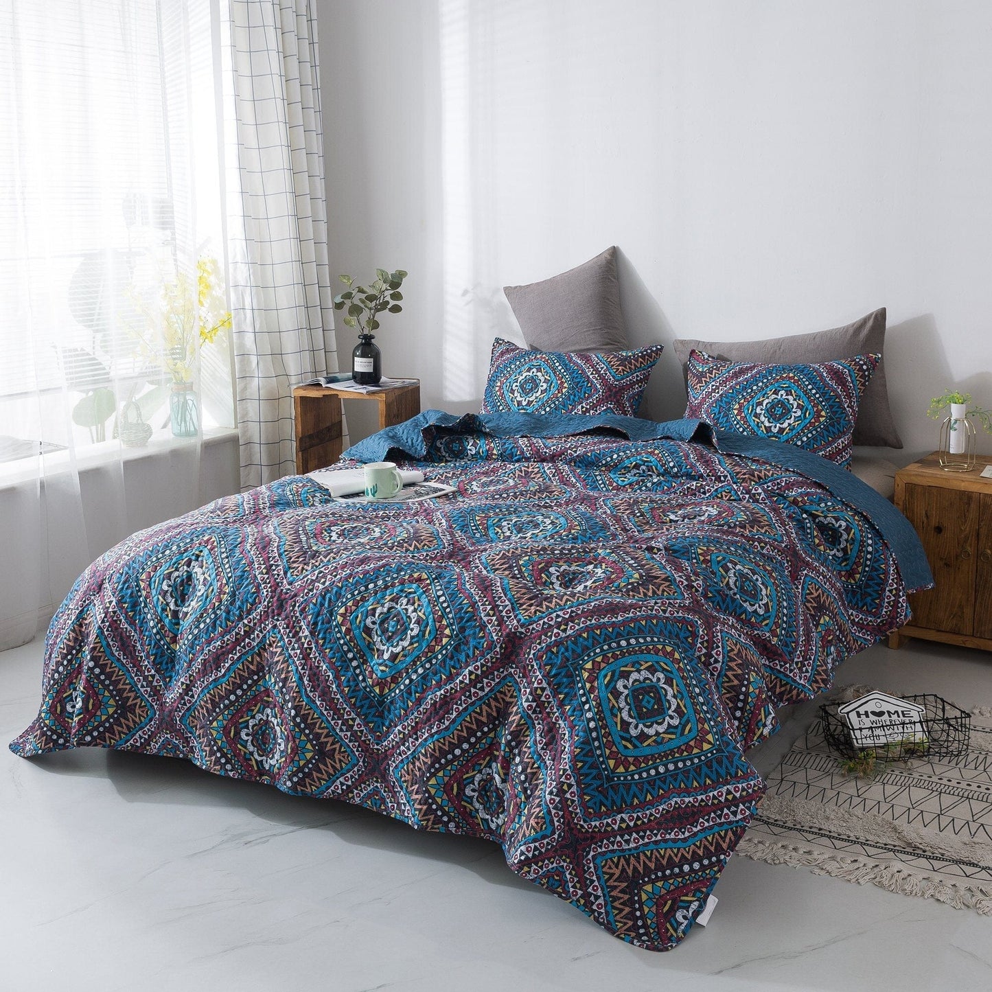Farmhouse Bohemian Native Rustic Navy Blue Geometric Diamond Shapes Bedspread Set
