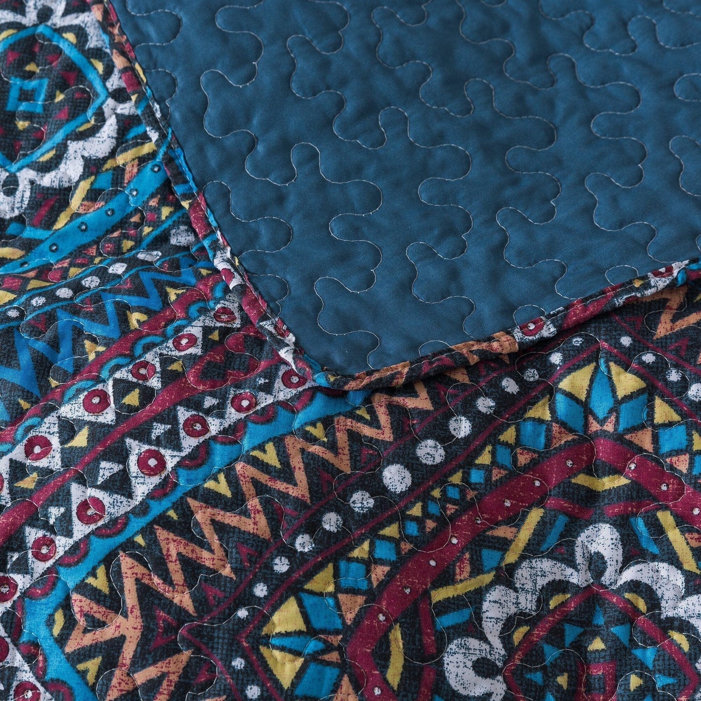 Farmhouse Bohemian Native Rustic Navy Blue Geometric Diamond Shapes Bedspread Set