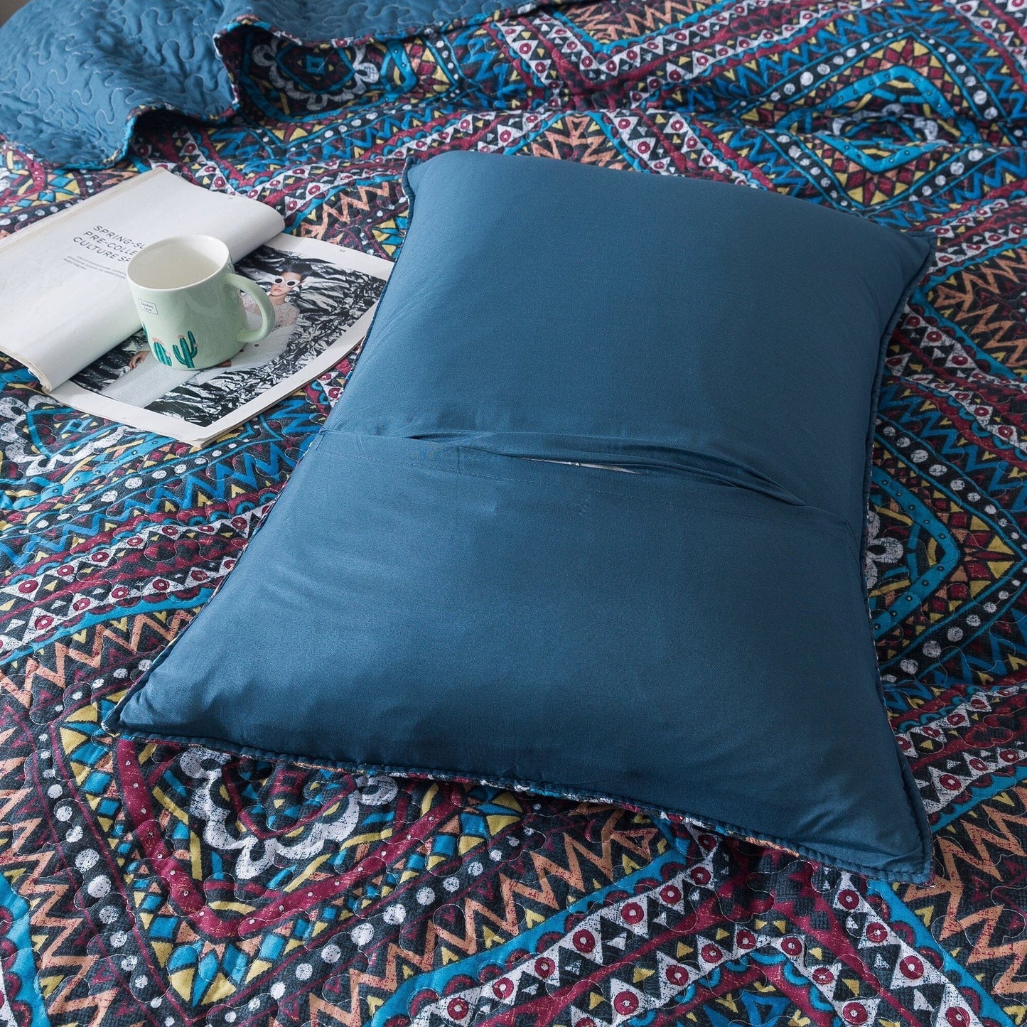 Farmhouse Bohemian Native Rustic Navy Blue Geometric Diamond Shapes Bedspread Set