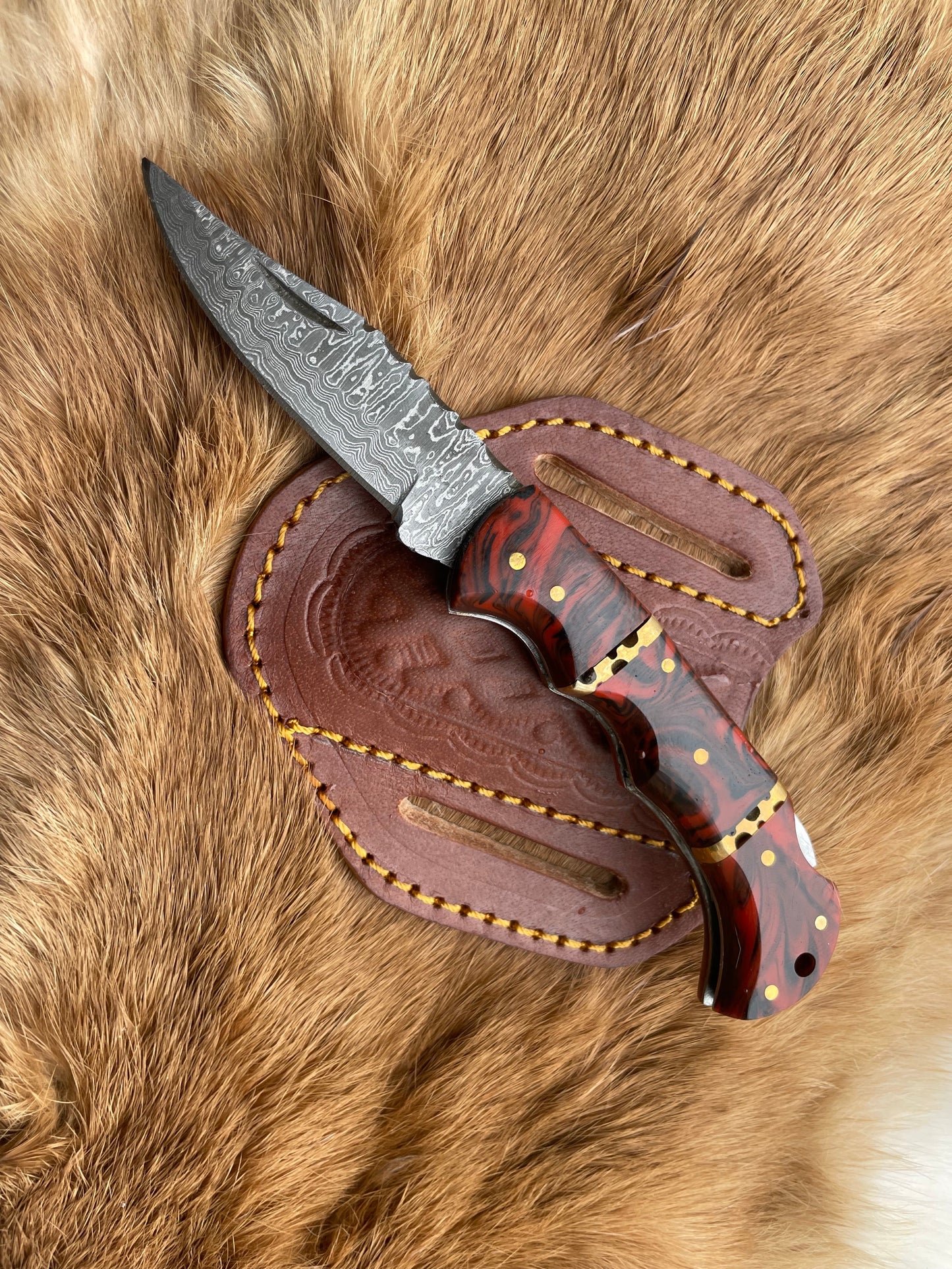 Red Resin & Wood 6.5" Damascus Steel Pocket Knife with Back Lock BP-18