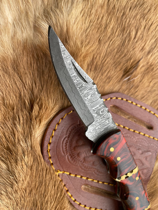 Red Resin & Wood 6.5" Damascus Steel Pocket Knife with Back Lock BP-18