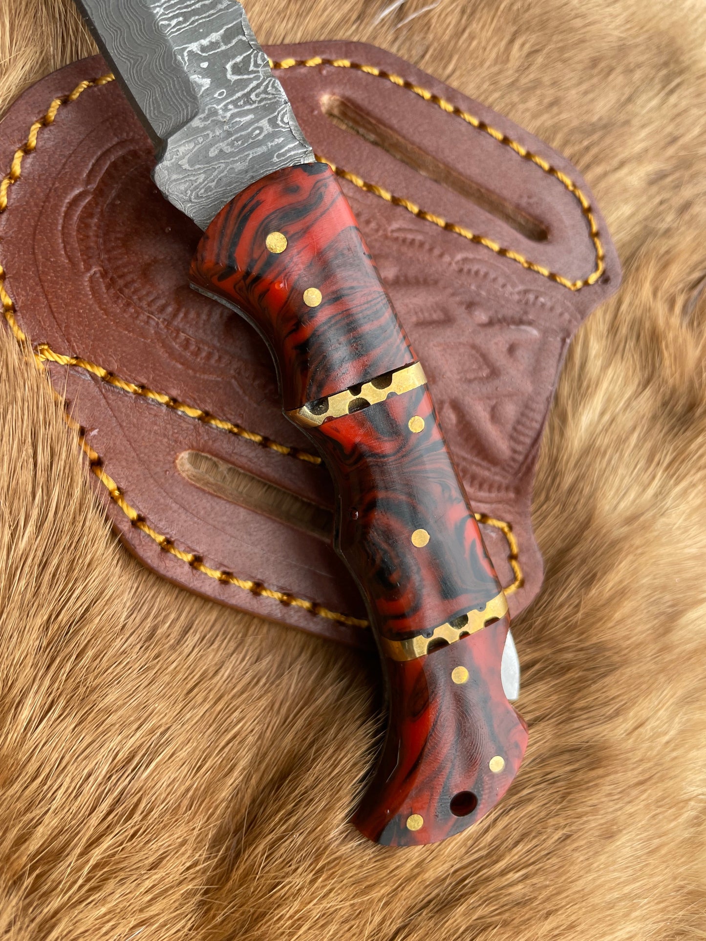 Red Resin & Wood 6.5" Damascus Steel Pocket Knife with Back Lock BP-18
