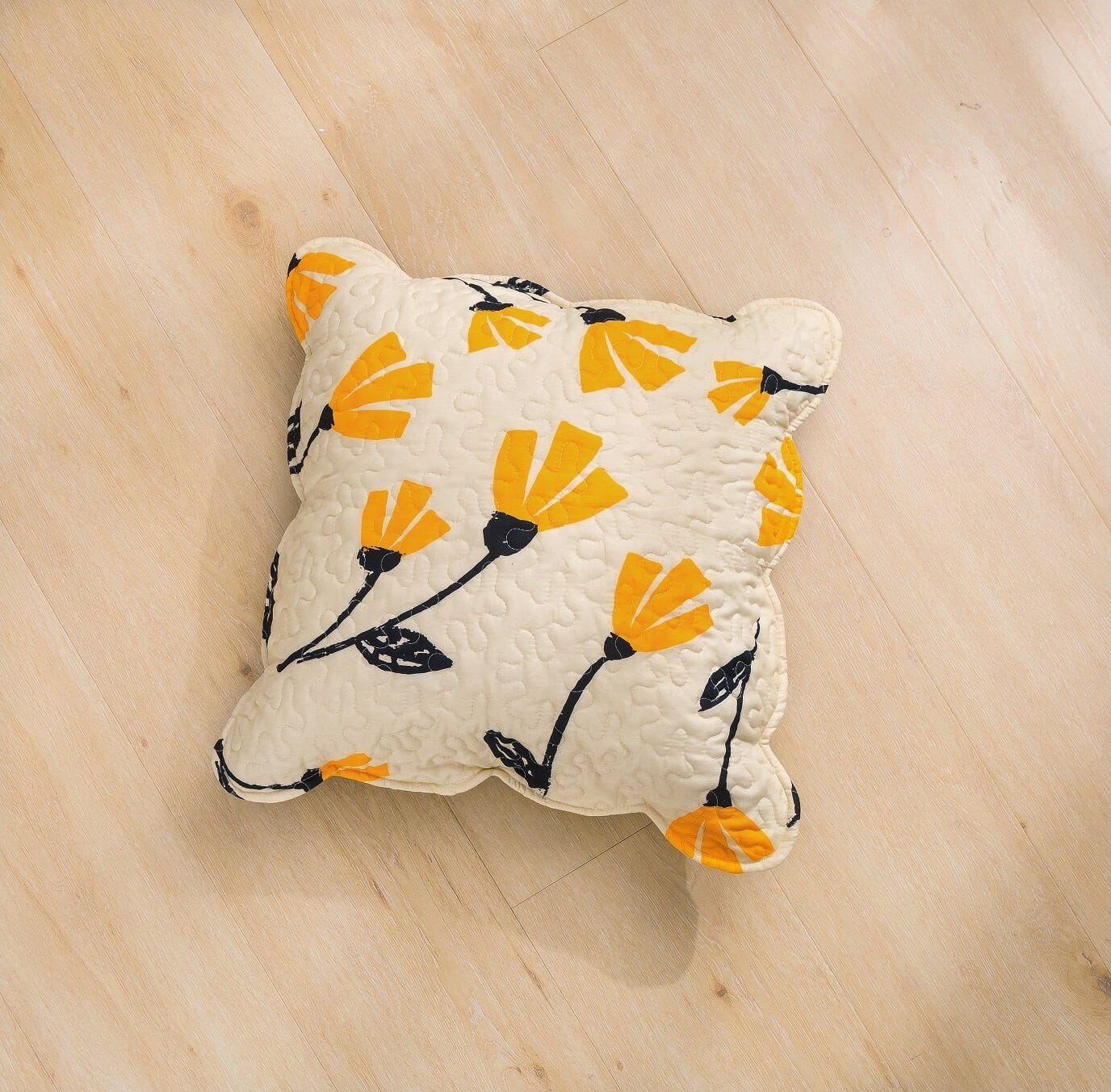 Yellow Fleur Floral Golden Orange Ivory Cream Scalloped Throw Pillow Covers, 2 Pieces