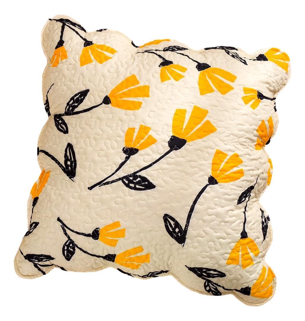 Yellow Fleur Floral Golden Orange Ivory Cream Scalloped Euro Pillow Sham Cover