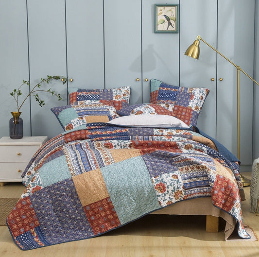 Ranch House Floral Patchwork Cotton Quilted Bedspread Set