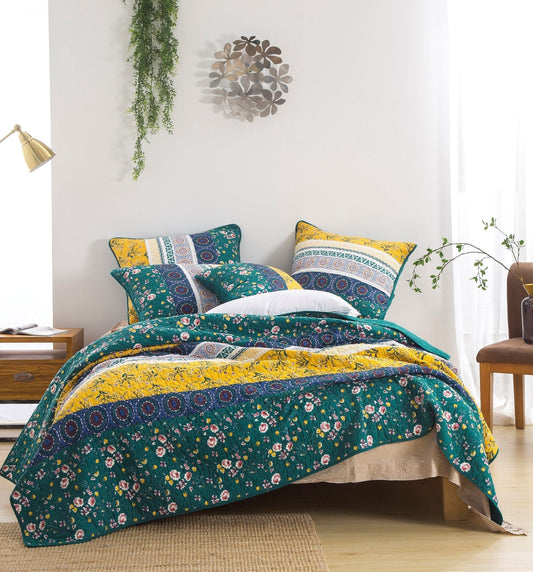 Bed of Wild Flowers Floral Gardenia Green Cotton Bedspread Set
