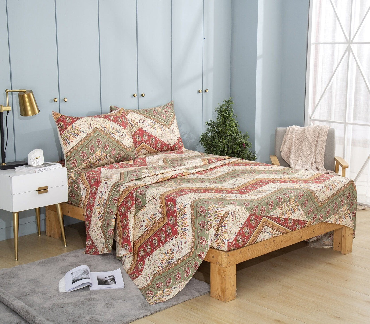 Botanical Cranberry Sage Chevron Floral Flat Bed Sheet w/ Pillowcases