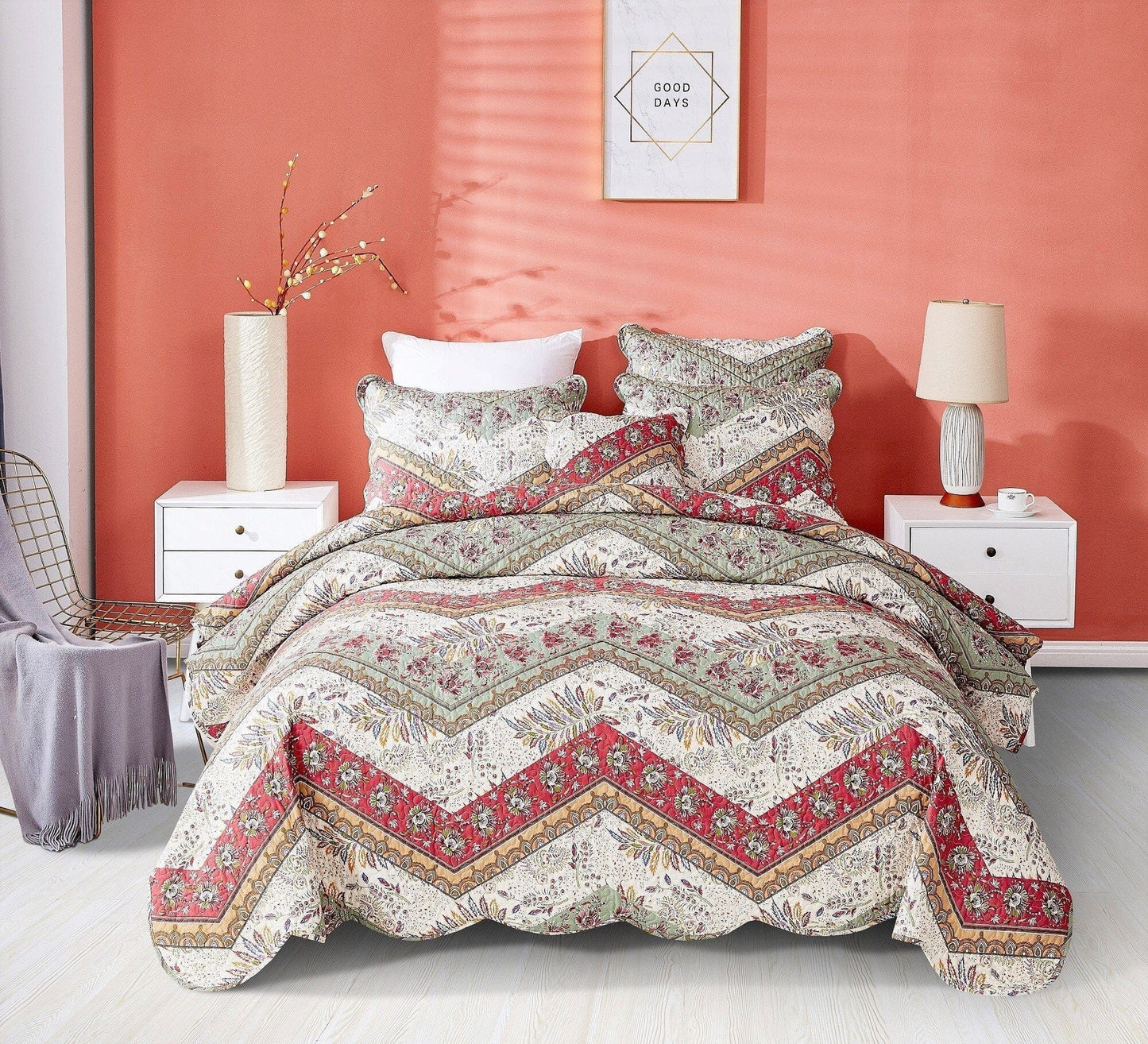 Rustic Cranberry Sage Floral Bedspread Set