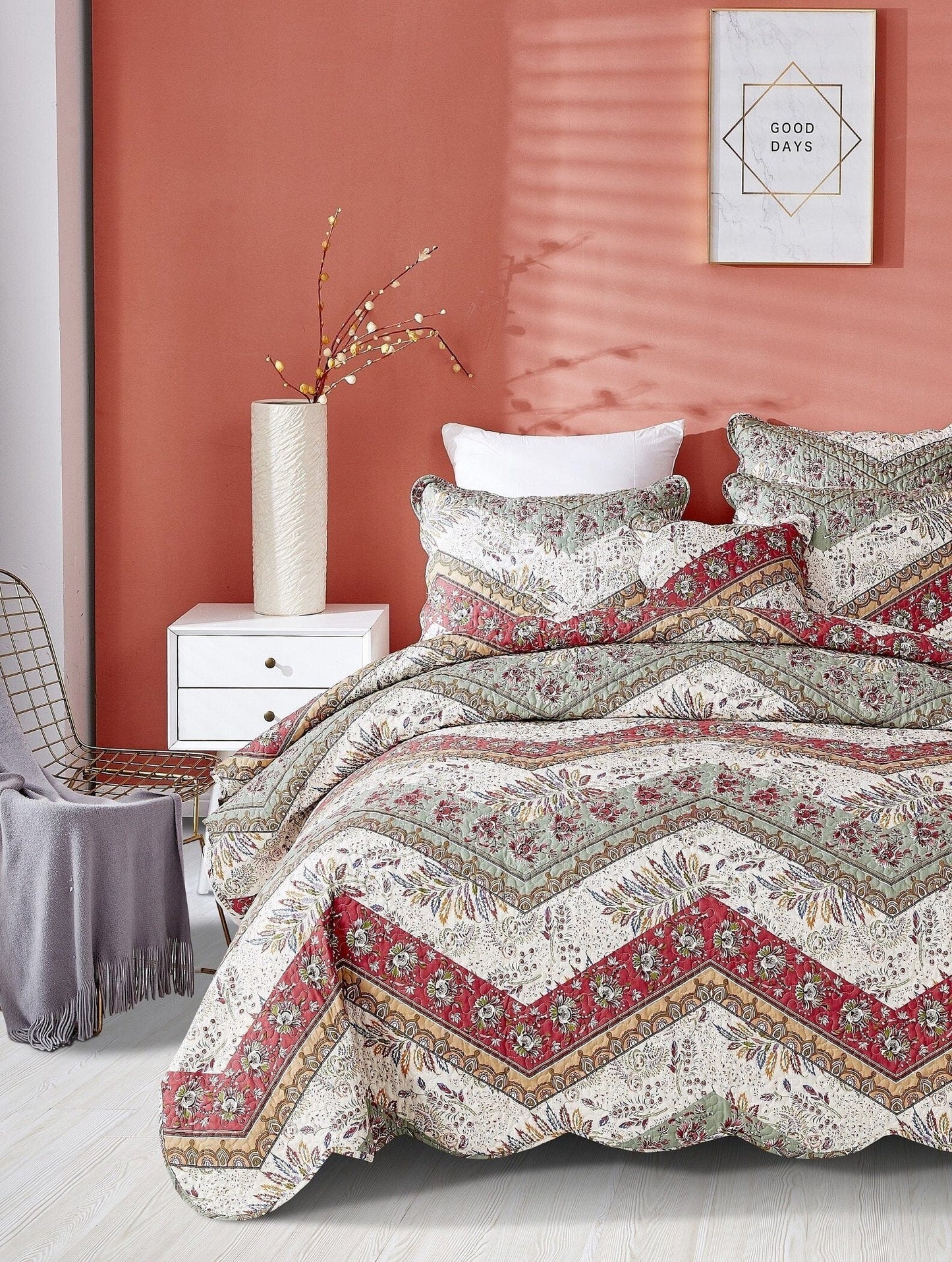 Rustic Cranberry Sage Floral Bedspread Set