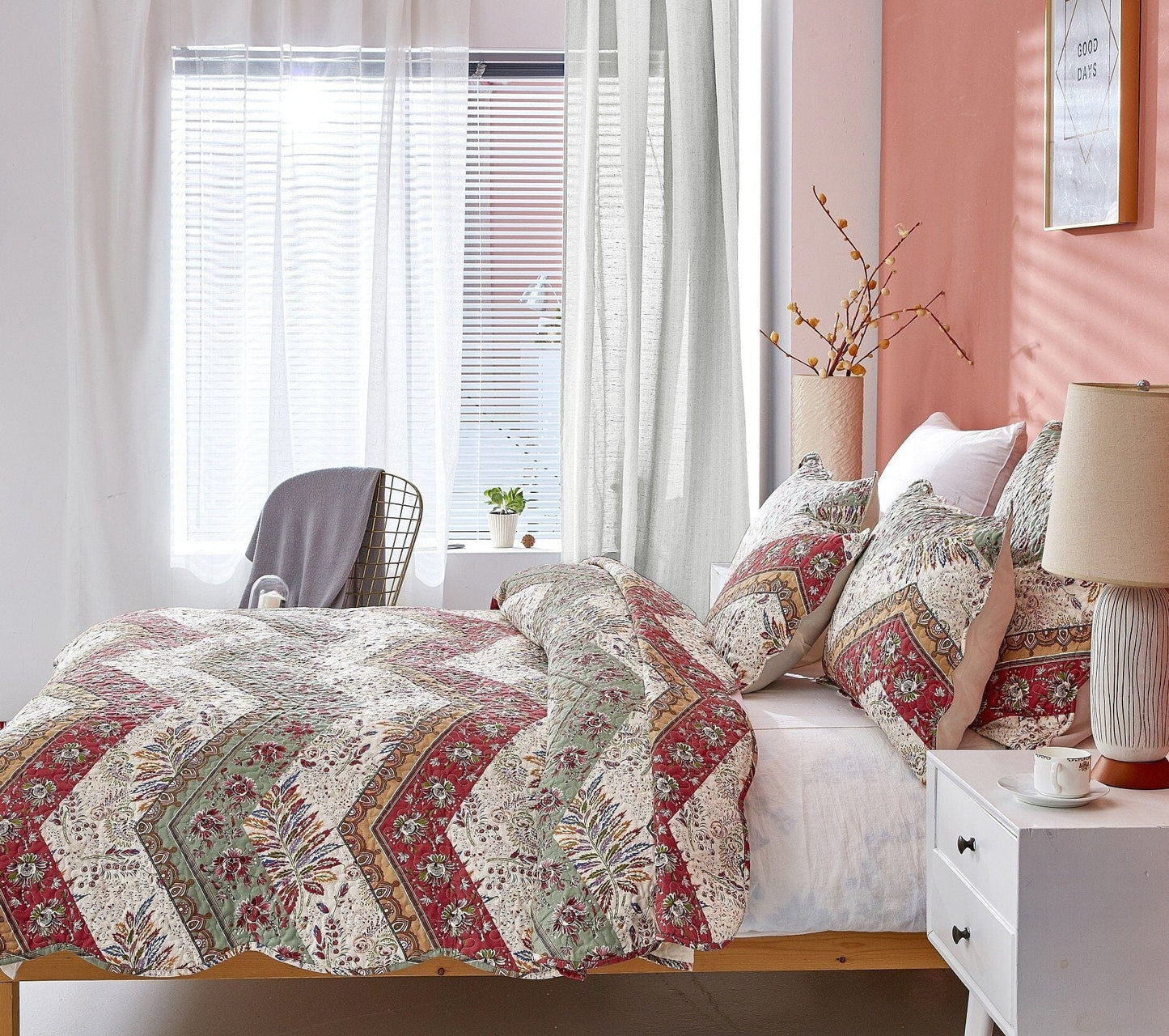 Rustic Cranberry Sage Floral Bedspread Set