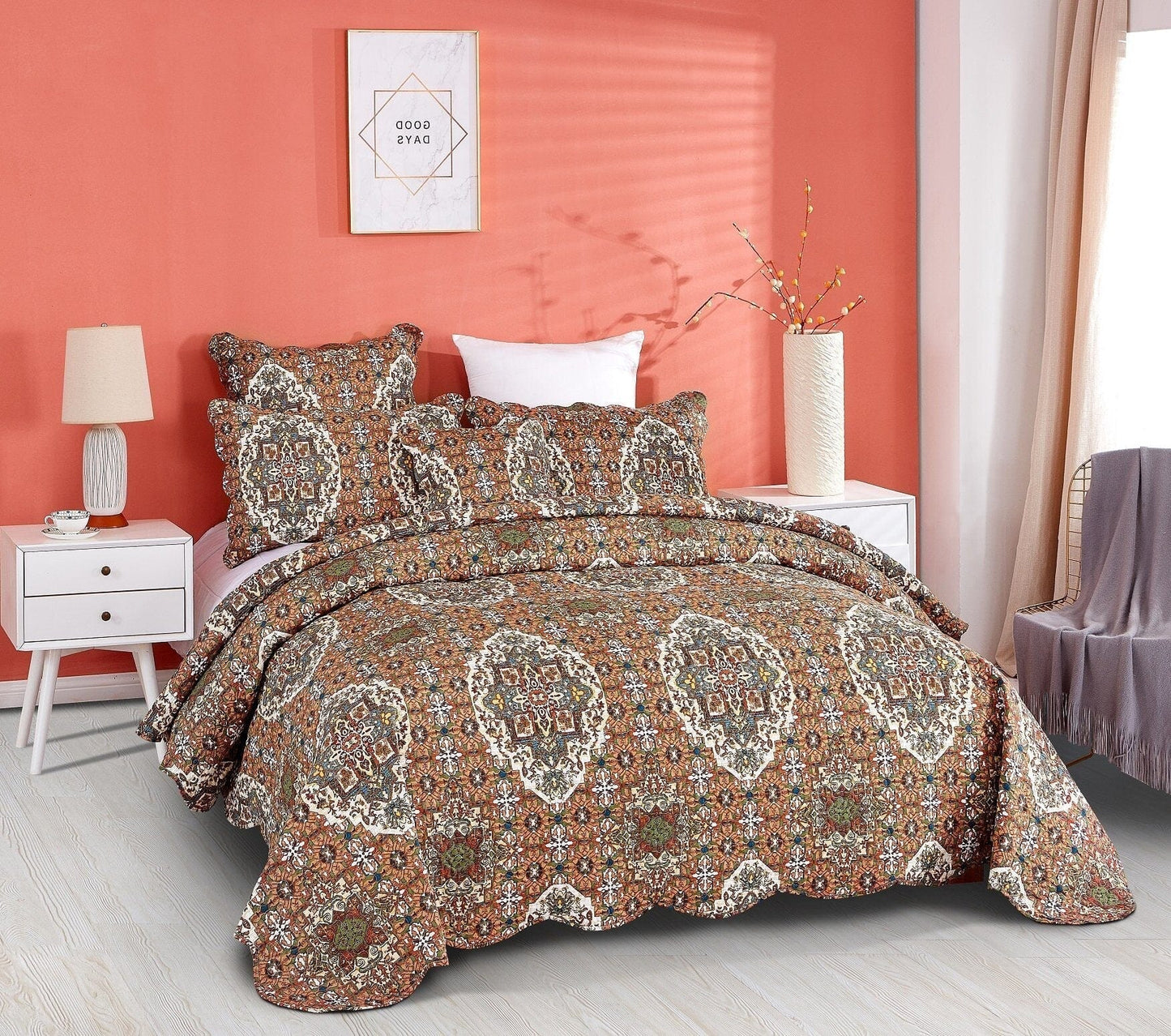 Folk Cabin Scalloped Quilted Bedspread Set