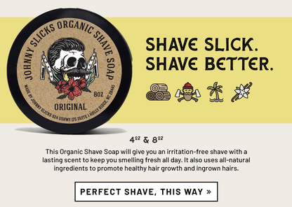 Johnny Slicks Organic Shave Soap container with branding and product description on a yellow background