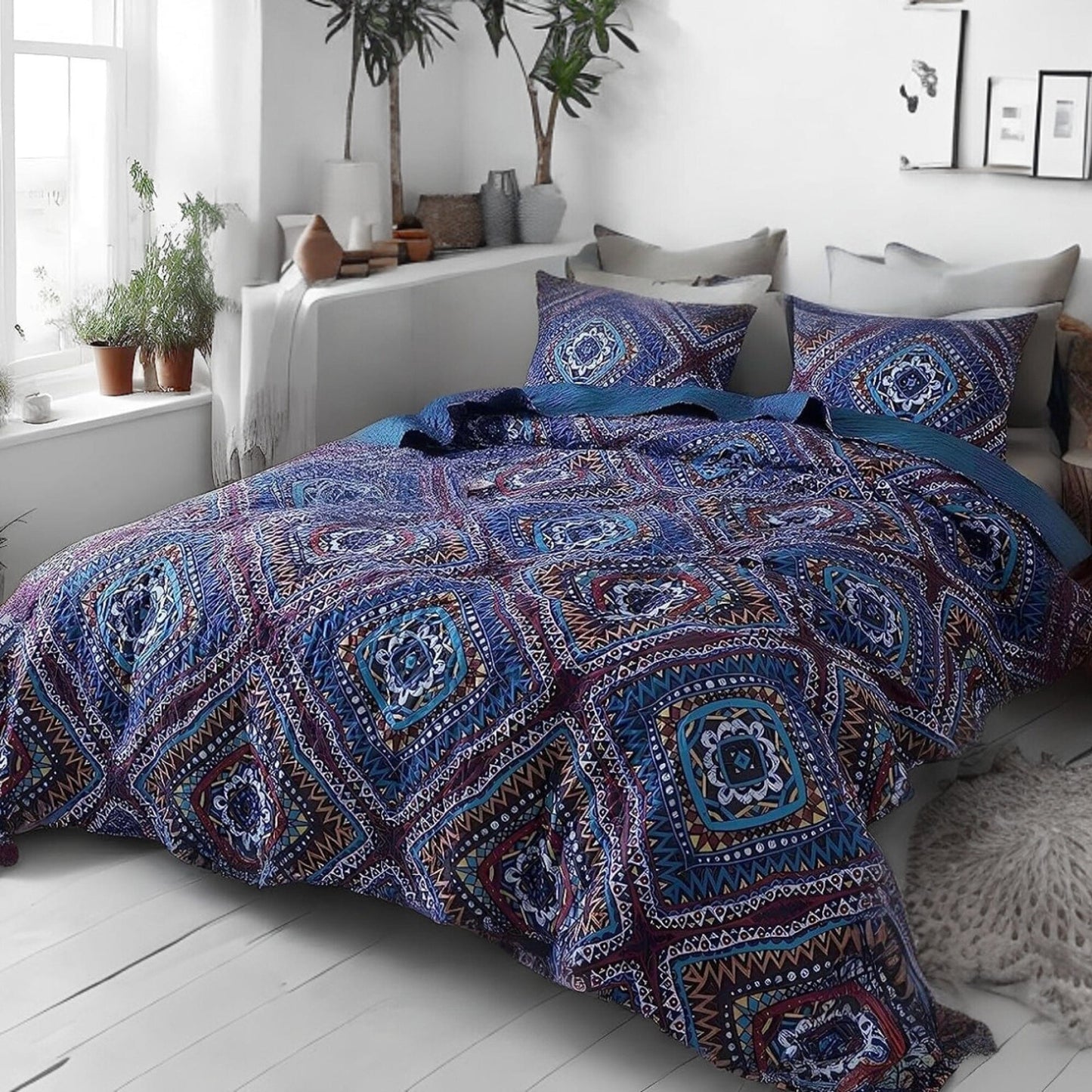 Farmhouse Bohemian Native Rustic Navy Blue Geometric Diamond Shapes Bedspread Set