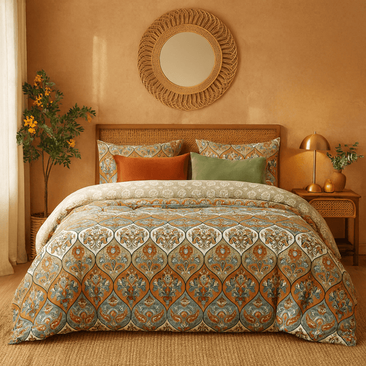 Floral Paisley Garden Motif - Bohemian Style Reversible Duvet Set