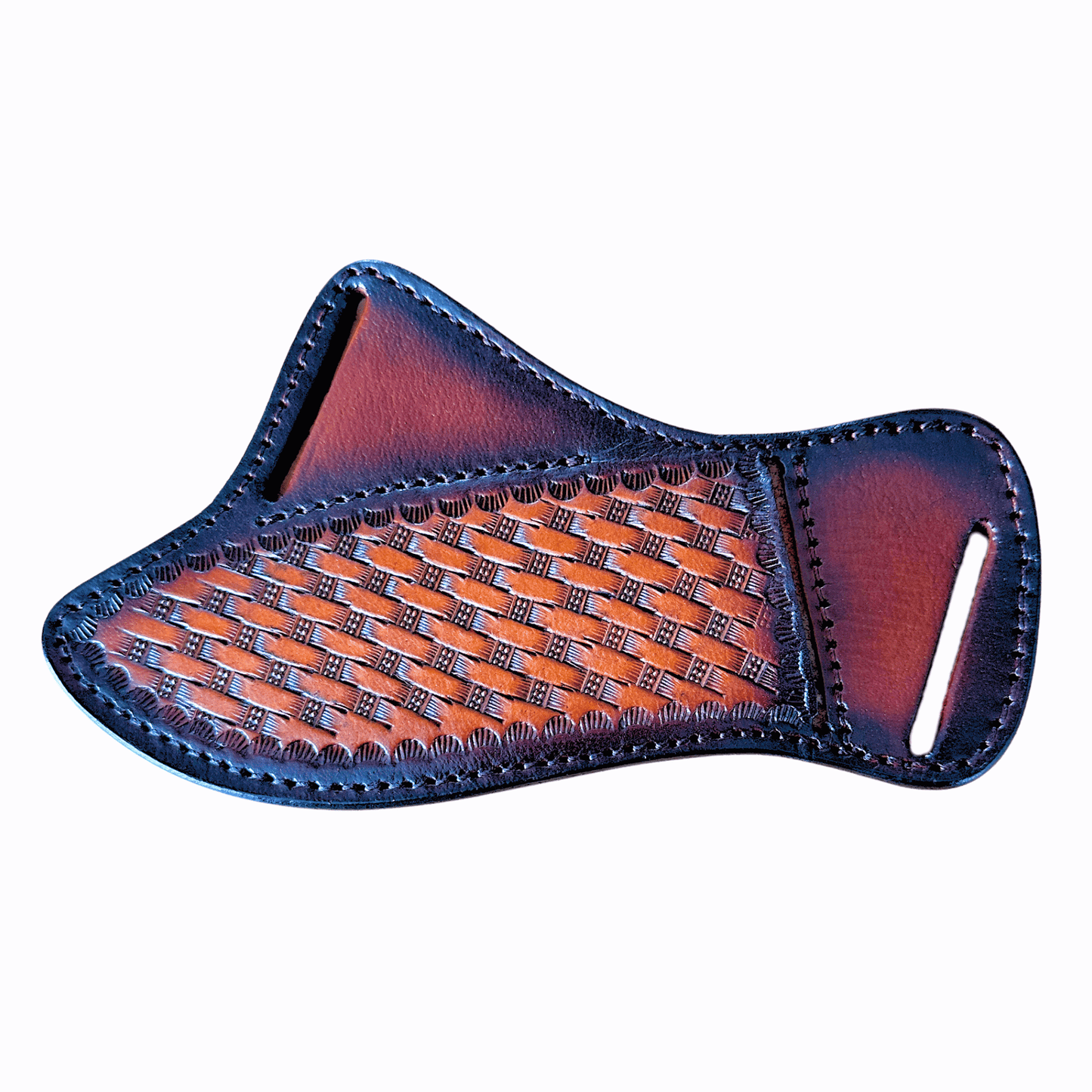 A hand-tooled leather knife sheath featuring a detailed basketweave pattern on the front, with a dark blue-brown border and a central cutout, shown against a plain white background. Replacement sheath for Rustic Cowboy Knife and Pine Cone Handle knives
