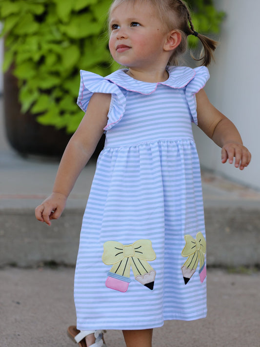Striped Pencil Applique Bow Dress