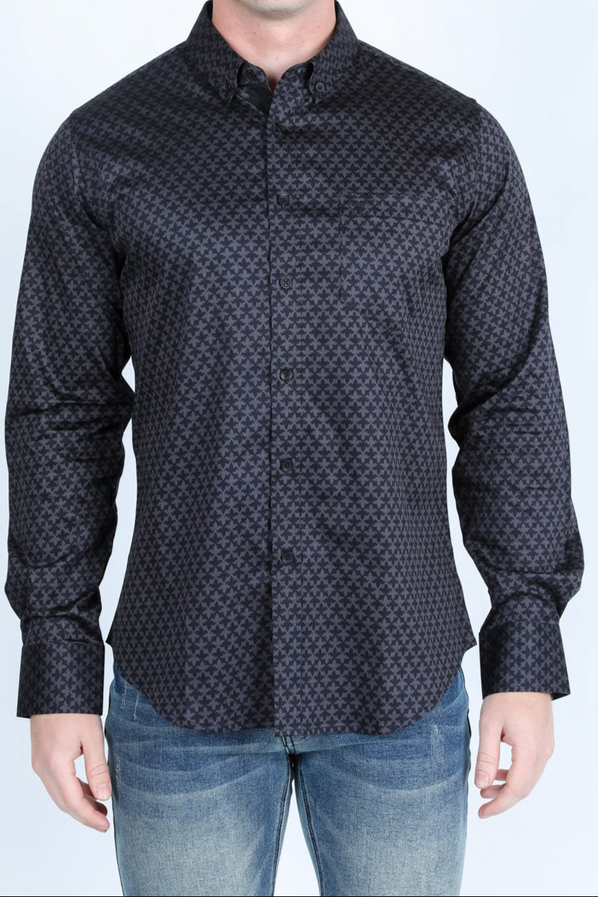 Mens Satin Cotton/Spandex Modern Fit Long Sleeve Shirt - Black