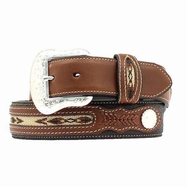 Brown leather belt with decorative stitching and silver buckle on a white background
