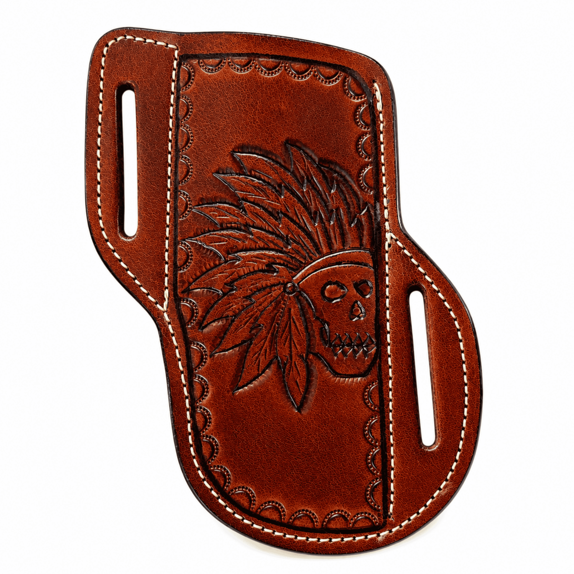 Native headdress on skull warrior stamped on leather knife sheath with white saddle stitching on white background
