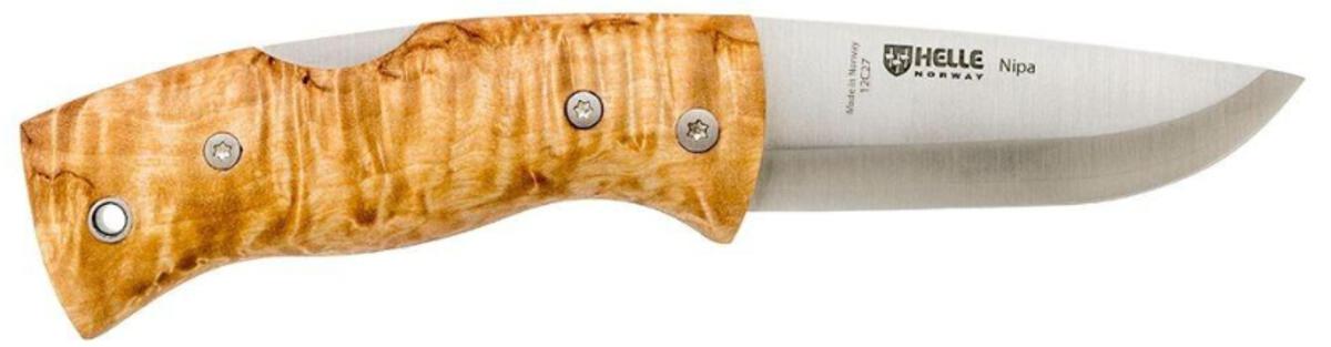 Helle Nipa Lockback Folding Knife – 12C27 Scandi Blade, Curly Birch, Pocket Clip